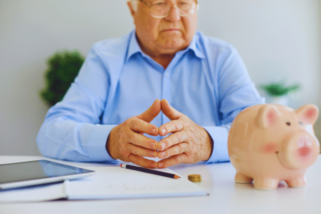 Um homem idoso senta-se à mesa com um cofrinho, caderno, lápis, tablet e moedas, sugerindo planejamento financeiro ou poupança para aposentadoria por idade.