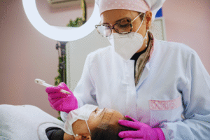 Uma micropigmentadora usando máscara e luvas se prepara para realizar um procedimento cosmético na área da sobrancelha de uma paciente em uma clínica.