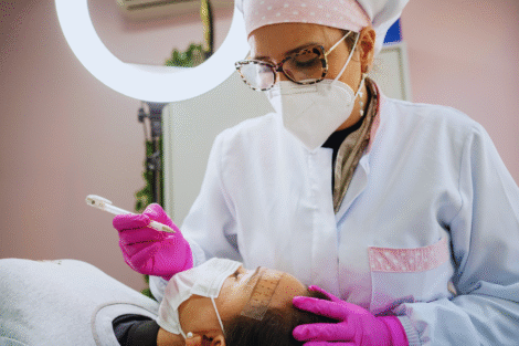 Uma micropigmentadora usando máscara e luvas se prepara para realizar um procedimento cosmético na área da sobrancelha de uma paciente em uma clínica.