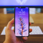Uma pessoa segura um smartphone que exibe uma tela de bloqueio roxa com o desenho de uma planta; um teclado e um monitor são visíveis no fundo desfocado, sugerindo uma configuração de comparação entre o S23 Ultra e o iPhone 14 Pro Max.