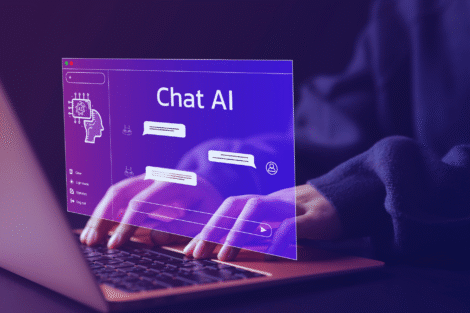 Pessoa digitando em um laptop com uma interface digital que exibe o Chat GPT e bolhas de bate-papo, sugerindo interação com um software de inteligência artificial.