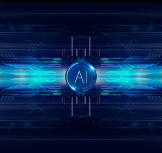 Fundo digital futurista com um botão azul brilhante de IA no centro, simbolizando a inteligência artificial no mercado de trabalho, cercado por faixas de luz abstratas, padrões de circuitos e formas geométricas em um fundo gradiente azul escuro.