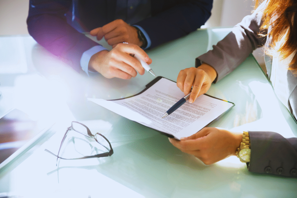 Duas pessoas em trajes de negócios sentam-se em uma mesa de vidro, revisando um recurso perícia INSS indeferido em uma prancheta com canetas na mão; um par de óculos está próximo.