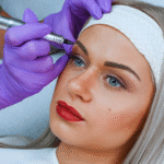 Uma pessoa com cabelos loiros está recebendo um procedimento cosmético de tatuagem de sobrancelha de um profissional usando luvas roxas, destacando a importância de seguir os cuidados pós micropigmentação para obter melhores resultados.