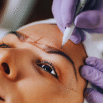 Uma pessoa recebe marcações nas sobrancelhas com uma caneta como parte de um procedimento de nanoblading sobrancelha; mãos usando luvas roxas seguram seu rosto com firmeza.