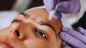 Uma pessoa recebe marcações nas sobrancelhas com uma caneta como parte de um procedimento de nanoblading sobrancelha; mãos usando luvas roxas seguram seu rosto com firmeza.