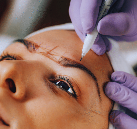 Uma pessoa recebe marcações nas sobrancelhas com uma caneta como parte de um procedimento de nanoblading sobrancelha; mãos usando luvas roxas seguram seu rosto com firmeza.