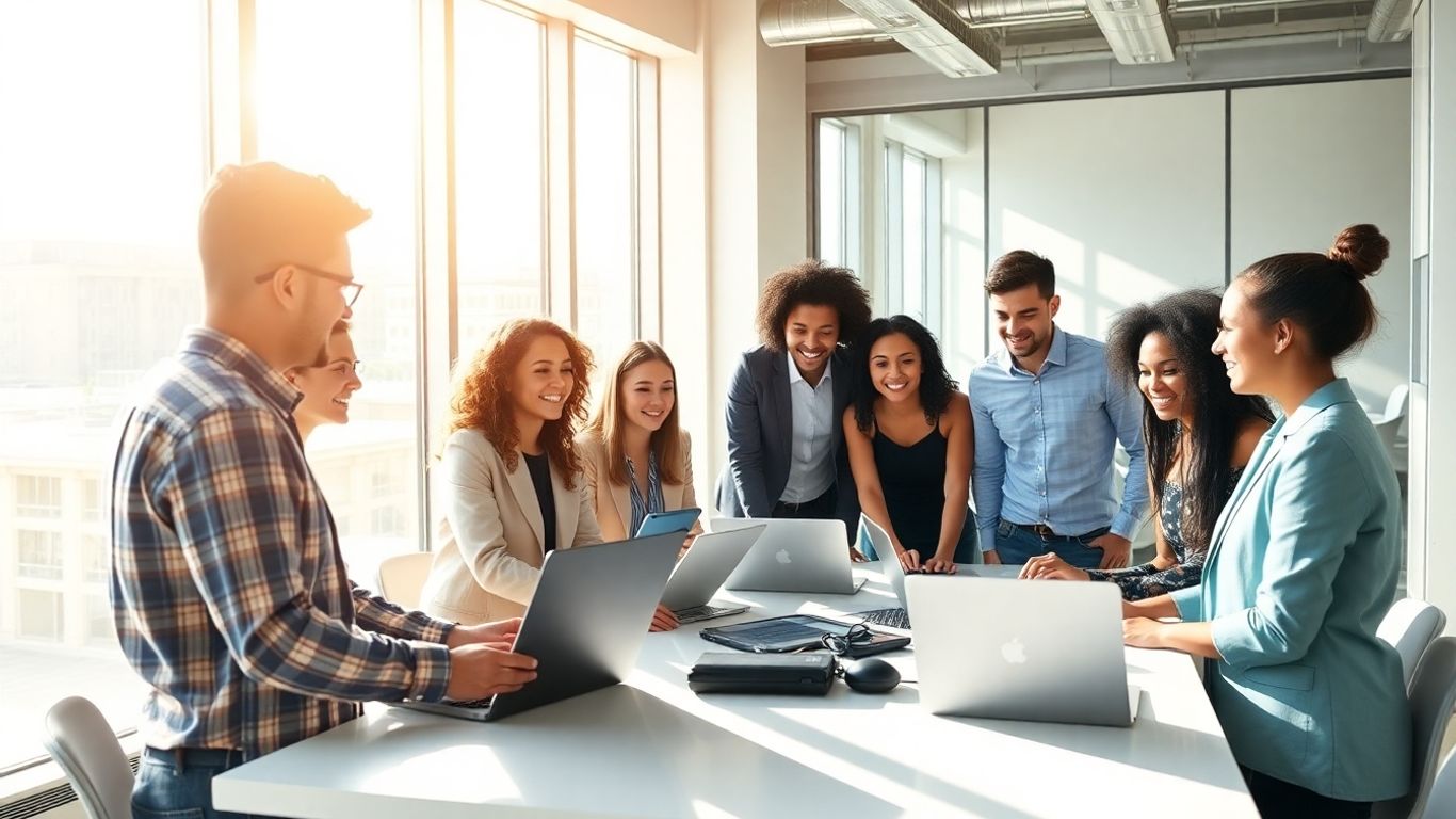 Equipe diversa em reunião colaborativa em escritório moderno iluminado.
